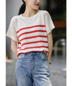 Tシャツ レディース 夏 40代 半袖 ニットトップス ボーダー柄 ニットソー 薄手 ショット丈 ゆったり カットソー 大人 50代 おしゃれ 30代