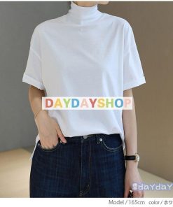 ドロップショルダー Tシャツ トップス 無地 ボトルネック 春 夏 ハイネック レディース 半袖 カットソー Tシャツ