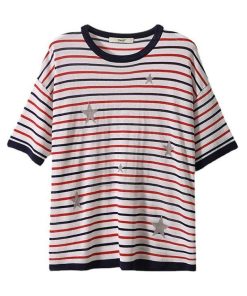 Tシャツ レディース 夏新作 40代 半袖トップス 白VネックTシャツ ニット ボーダー柄 ショット丈 ゆったり 薄手 30代 大人 おしゃれ 50代