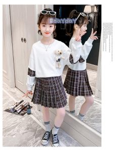 子供服 セットアップ 女の子 長袖 春秋 秋着 上下セット 韓国子供服 キッズ ジュニア トップス 丸首 スカート 膝上丈  通学着 可愛い おしゃれ 新品