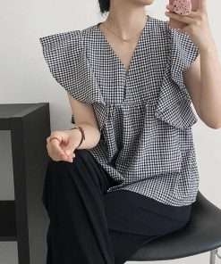 ブラウス レディース 夏 シフォン チェック柄 Vネック シャツ フレア トップス 通勤 OL ゆったり おしゃれ 30代 40代 50代 キレイ 可愛い 新作 大人 上品 韓国風