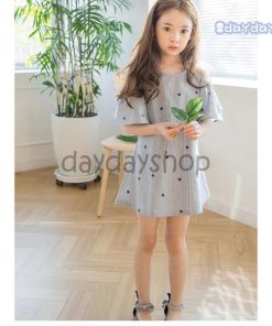 子供ドレス ゆったり 女の子 キッズ 薄手 キッズワンピース ワンピース ストライプ柄 子供服 オフショルダー 夏 半袖ワンピース ジュニア 半袖