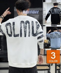 韓国ファッション プルオーバー メンズ カジュアルトップス ゆったり クルーネック 英文字プリント 春服 スウェットトレーナー 長袖Tシャツ 30代40代50代