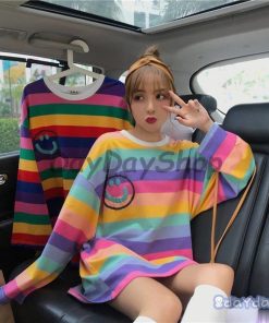 新作 春夏秋 シンプルファッション 学生服 韓国系トップス 虹縞模様長袖Tシャツ 原宿風 ヒップホップ ダンス おしゃれ ストリート K-POP ゆったり