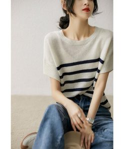 Tシャツ レディース 夏 40代 半袖 ニットトップス ボーダー柄 ニットソー 薄手 ショット丈 ゆったり カットソー 大人 50代 おしゃれ 30代