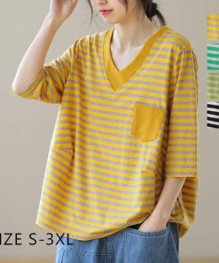 Tシャツ レディース トップス 40代 半袖 綿 ボーダー柄 Vネック 春夏 カットソー 新作 大きいサイズ UVカット 韓国風 20代 30代 40代 かわいい おしゃれ