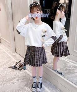 子供服 セットアップ 女の子 長袖 春秋 秋着 上下セット 韓国子供服 キッズ ジュニア トップス 丸首 スカート 膝上丈  通学着 可愛い おしゃれ 新品