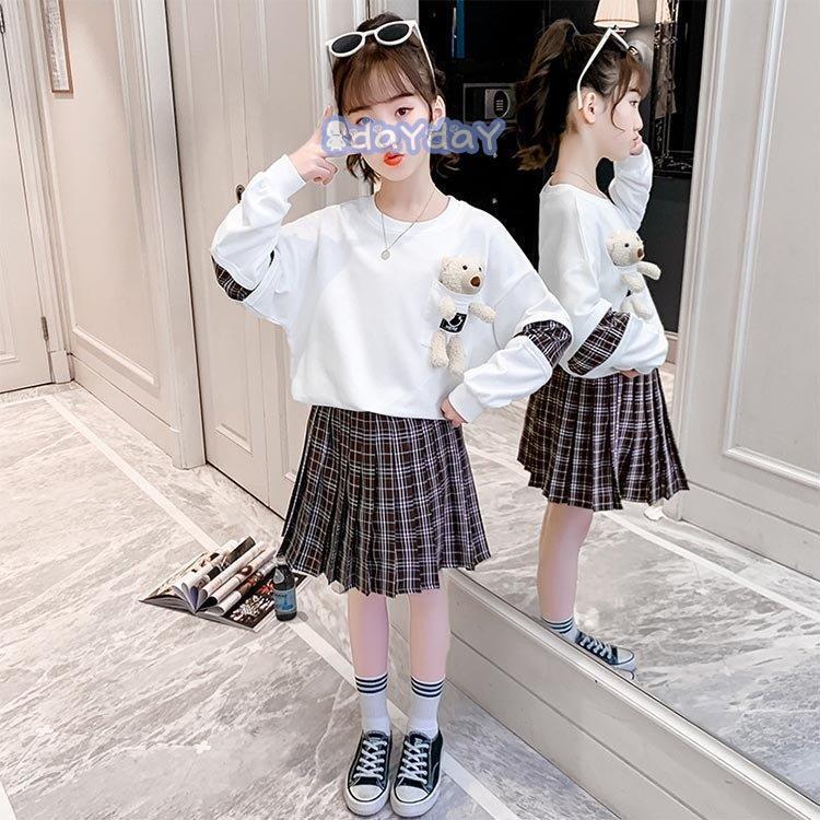 子供服 セットアップ 女の子 長袖 春秋 秋着 上下セット 韓国子供服 キッズ ジュニア トップス 丸首 スカート 膝上丈  通学着 可愛い おしゃれ 新品