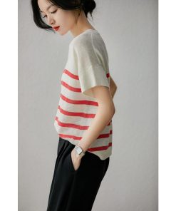 Tシャツ レディース 夏 40代 半袖 ニットトップス ボーダー柄 ニットソー 薄手 ショット丈 ゆったり カットソー 大人 50代 おしゃれ 30代