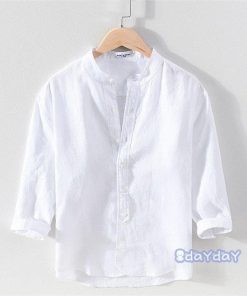 麻 七分袖 カジュアルシャツ 立ち襟 無地シャツ リネンシャツ 夏服 白シャツ メンズ 通気性