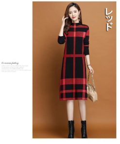 ワンピース 冬服 秋服 レディース ニットワンピース ゆったり 韓国風 おしゃれ 大人 セーターワンピース チェック柄 ハイネック 20代 30代 厚手 きれいめ