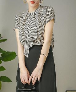 大人 オシャレブラウス 上品 千鳥柄 ブラウス オフィスブラウス ゆったりシャツ 春夏 リボンネック レディース 通勤OL レショントップス 韓国風 半袖ブラウス