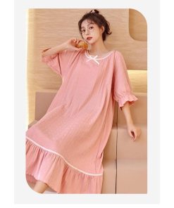 韓国風 女性 リボン付き 寝間着 大きいサイズ 春秋 長袖 パジャマ ルームウェア ワンピースパジャマ ゆったり 綿 レディース 部屋着