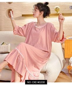 韓国風 女性 リボン付き 寝間着 大きいサイズ 春秋 長袖 パジャマ ルームウェア ワンピースパジャマ ゆったり 綿 レディース 部屋着