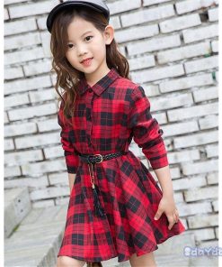 子供服 ワンピース キッズ 女の子 秋着 長袖 シャツワンピース 膝丈 子供ドレス Dress 韓国子供服 チェック柄 ベルト付き 新品 おしゃれ 可愛い カジュアル