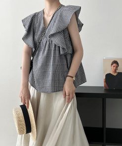 ブラウス レディース 夏 シフォン チェック柄 Vネック シャツ フレア トップス 通勤 OL ゆったり おしゃれ 30代 40代 50代 キレイ 可愛い 新作 大人 上品 韓国風