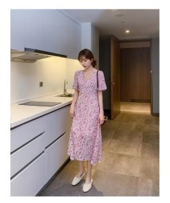 ワンピース レディース 40代 シフォン 花柄 キレイめ マキシ丈ワンピース 春 夏 半袖 着痩せ マキシワンピ Vネック おしゃれ 50代 結婚式 韓国風 30代