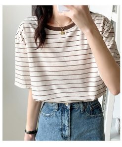 Tシャツ レディース 夏 半袖 綿 クルーネック カットソー トップス ボーダー柄 シンプル 透けない おしゃれ コーデ UVカット きれいめ 20代 30代 コットン 40代