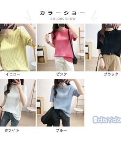 Tシャツ レディース 接触冷感 おしゃれ 可愛い ニット リブ編み ゆったり シンプル 薄手 半袖 オフィス 通勤 トップス 夏新作 通学