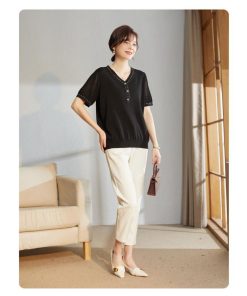 Tシャツ レディース 夏 Vネック 40代 半袖 ニットトップス 無地 ショット丈ニットソー ゆったり カットソー 30代 50代 大人 おしゃれ