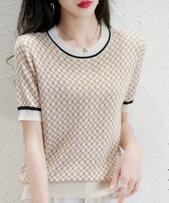 Tシャツ レディース 春夏 新作 40代 半袖 ニットトップス チェック柄 Tシャツ レション ショット丈 ニットソー ゆったり カットソー 50代 30代 大人 おしゃれ