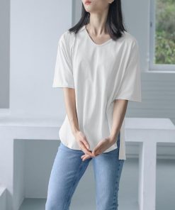 Tシャツ レディース 春夏 40代 半袖 Vネック ニットトップス 白Tシャツ 無地 綿 ショット丈ニットソー ゆったり カットソー おしゃれ 50代 大人 30代