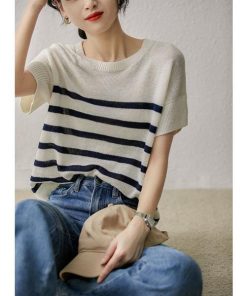 Tシャツ レディース 夏 40代 半袖 ニットトップス ボーダー柄 ニットソー 薄手 ショット丈 ゆったり カットソー 大人 50代 おしゃれ 30代