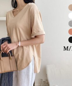 Tシャツ レディース 夏 半袖 綿 Vネック カットソー トップス シンプル 透けない おしゃれ コーデ UVカット きれいめ 40代 30代 20代 スリット