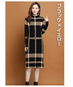 ワンピース 冬服 秋服 レディース ニットワンピース ゆったり 韓国風 おしゃれ 大人 セーターワンピース チェック柄 ハイネック 20代 30代 厚手 きれいめ